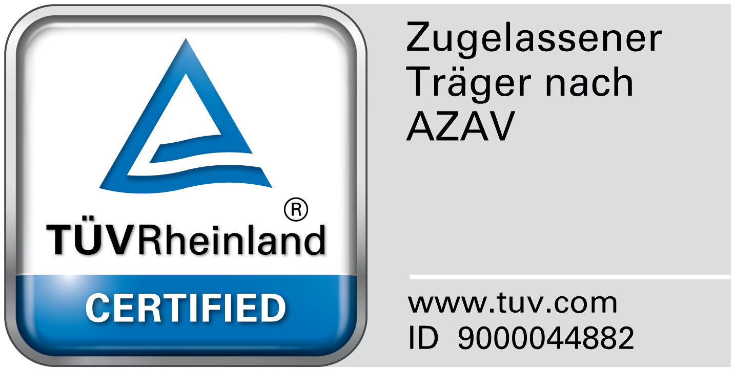 Prüfzeichen TÜV Rheinland – Zugelassener Träger nach AZAV, ID 9000044882